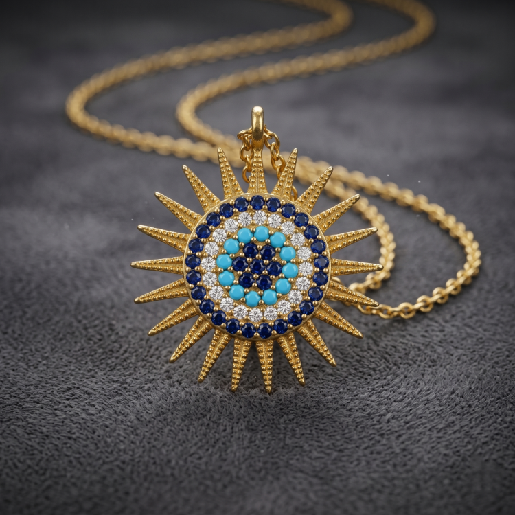 22 AYAR NAZAR VE GÜNEŞ MOTİFLİ KOLYE